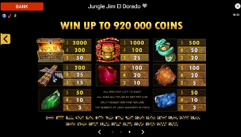 Jungle Jim - El Dorado Slot Paytable